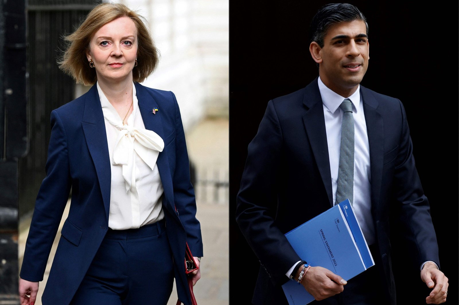 This combination of pictures created on July 12, 2022 shows Britain&#039;s Foreign Secretary Liz Truss (L) arriving to attend the weekly Cabinet meeting at 10 Downing Street, in London, on April 19, 2022 and Britain&#039;s Chancellor of the Exchequer Rishi Sunak leaving 11 Downing Street, in London, on March 23, 2022. (AFP Photo)