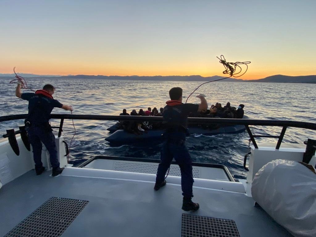 The Turkish coast guard rescued 44 irregular migrants off western Izmir province&#039;s Dikili district, July 20, 2022 (AA Photo)