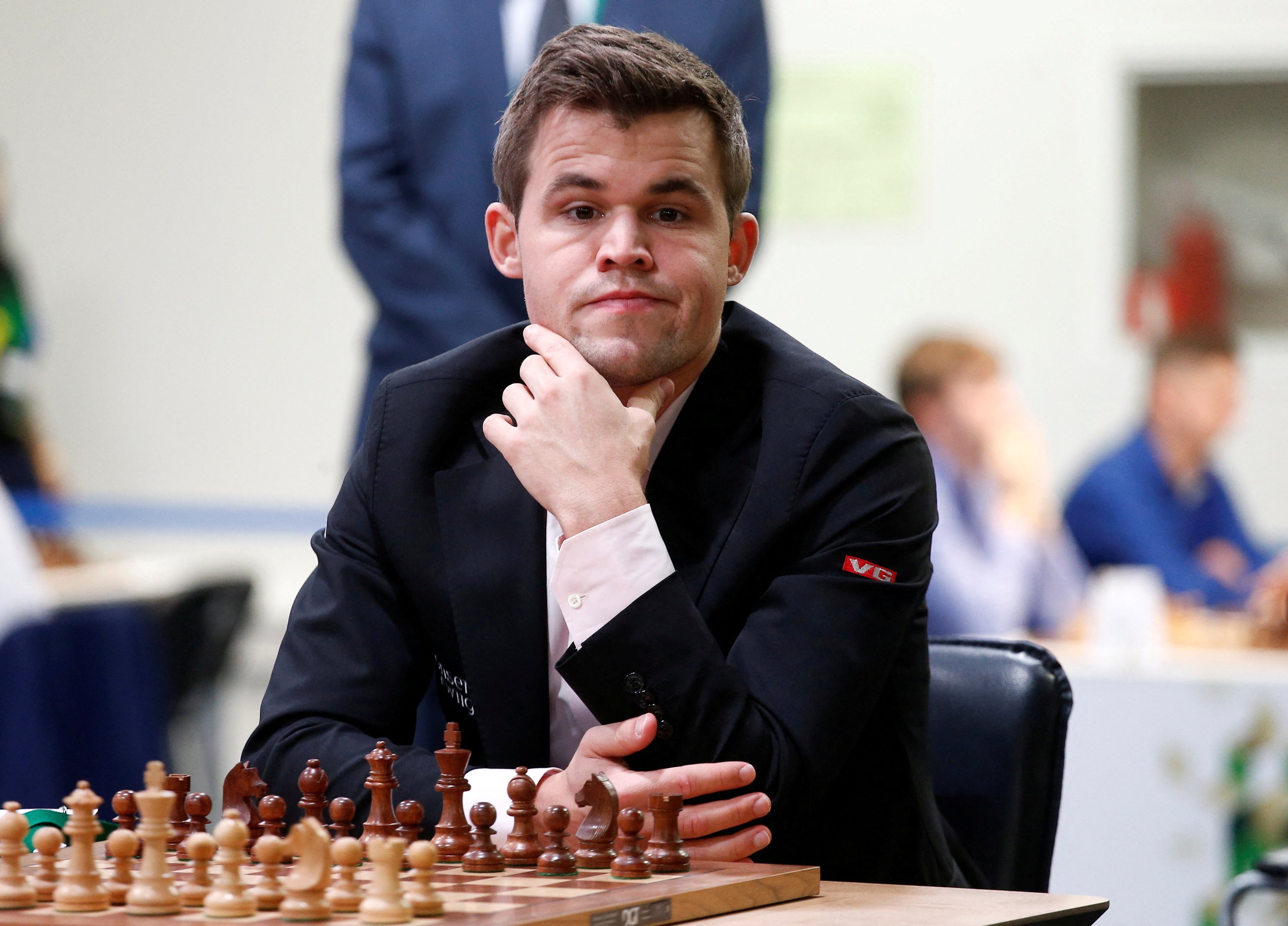 Viswanathan Anand and Magnus Carlsen of Norway during their Tenth match at  FIDE World Chess