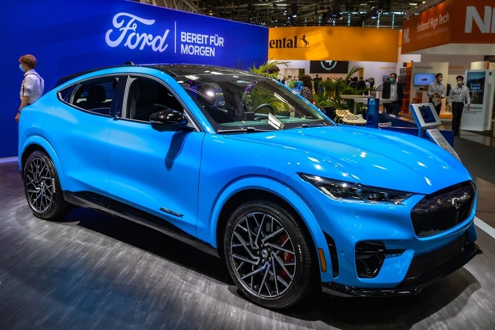 A Ford Mustang Mach-E GT electric SUV car is showcased at the IAA Mobility 2021 motor show in Munich, Germany, Sept. 6, 2021. (Shutterstock Photo)