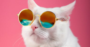 This handout image courtesy of OpenAI shows an image generated by Artificial Intelligence's representation of "A white cat with golden sunglasses on pink background with studio lighting." (AFP)