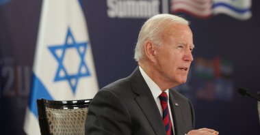 U.S. President Joe Biden speaks as he attends the first virtual meeting of the "I2U2" group with Israeli Prime Minister Yair Lapid (not pictured) and leaders of India and the United Arab Emirates (not pictured), West Jerusalem, Israel, July 14, 2022. (Reuters Photo)