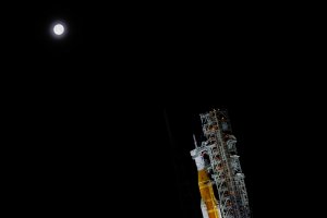 (FILES) In this file photo taken on June 15, 2022, NASA Artemis I Moon rocket sits at Launch Pad Complex 39B at Kennedy Space Center in Cape Canaveral, Florida. (Photo by AFP)