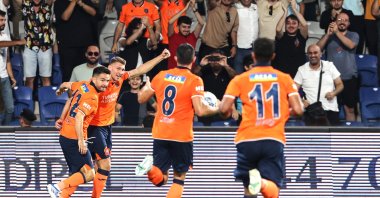 Medipol Başakşehir's Patryk Szysz celebrates with team mates after scoring a goal against Maccabi Netanya at Fatih Terim Stadium in Istanbul, Turkey, July 21, 2022. (AA Photo)