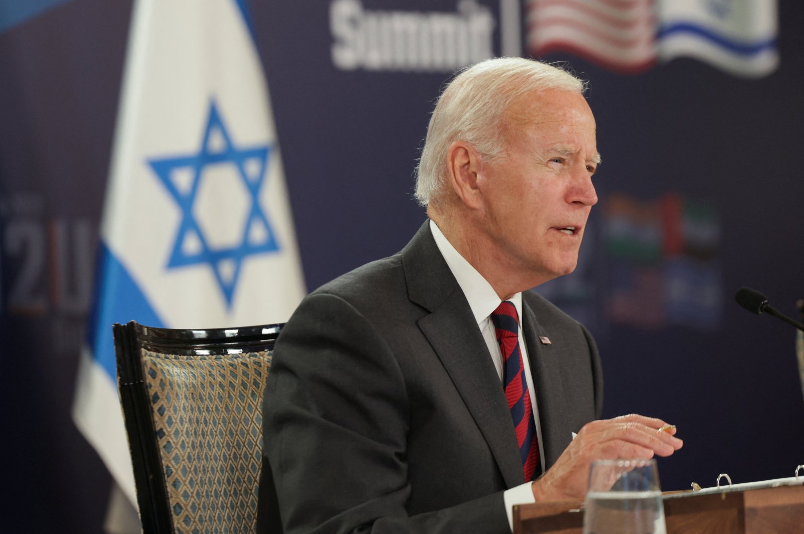 U.S. President Joe Biden speaks as he attends the first virtual meeting of the &quot;I2U2&quot; group with Israeli Prime Minister Yair Lapid (not pictured) and leaders of India and the United Arab Emirates (not pictured), West Jerusalem, Israel, July 14, 2022. (Reuters Photo)