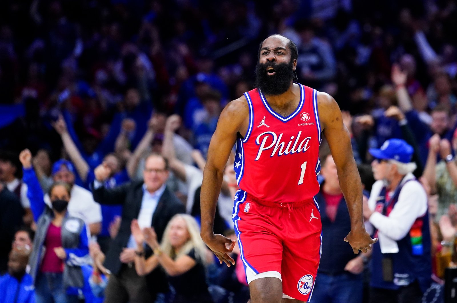 Sixers&#039; James Harden reacts during an NBA game against the Heat, Philadelphia, U.S., May 8, 2022. (AP Photo)