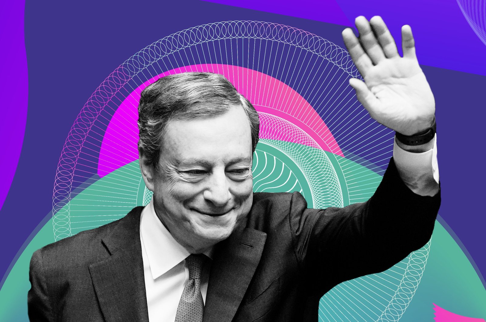 Italian Premier Mario Draghi waves to lawmakers at the end of his address at Parliament in Rome, Italy, July 21, 2022. (AP Photo edited by Büşra Öztürk)