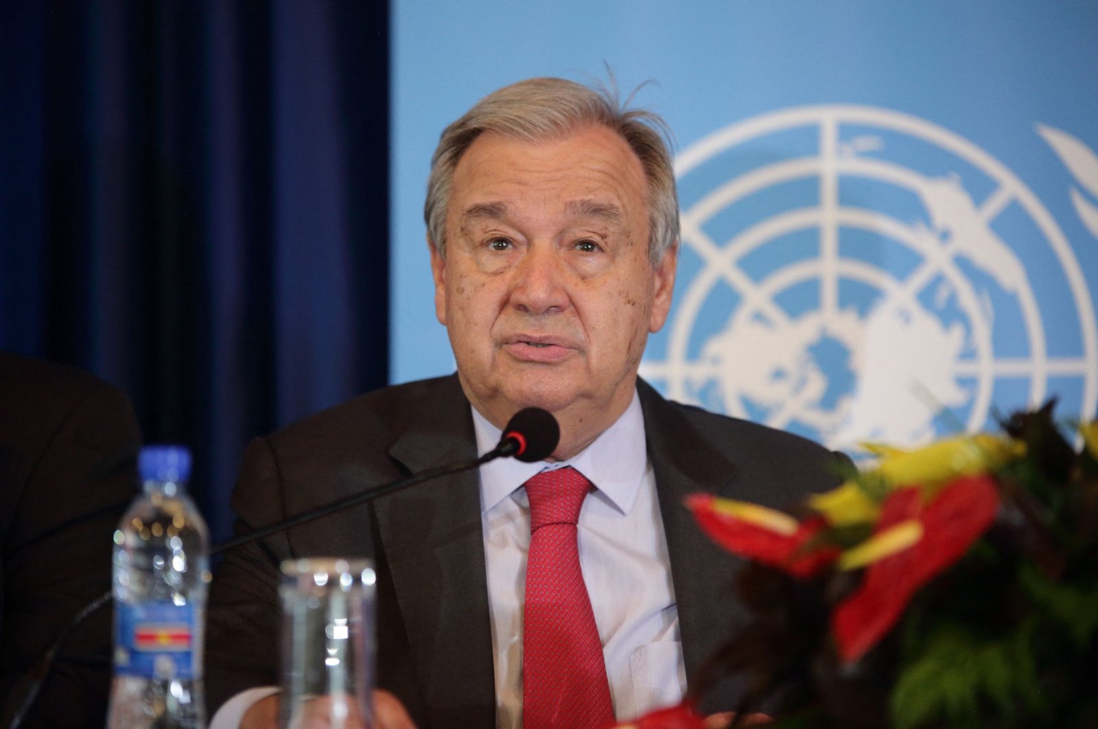 U.N. Secretary-General Antonio Guterres and Suriname President Chan Santokhi (out of frame) deliver a press conference at the presidential palace in Paramaribo, Suriname, on July 2, 2022. (AFP Photo)