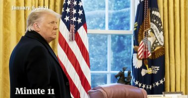 This exhibit from video shows a photo of U.S. President Donald Trump as he arrived at the Oval Office after his speech at the rally on the Ellipse on Jan. 6, displayed at a hearing by the House select committee investigating the Jan. 6 attack on the U.S. Capitol, Washington, U.S., July 21, 2022. (House Select Committee via AP)