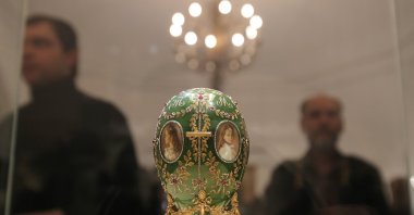 The "Alexander Palace Egg" made under the supervision of Peter Carl Faberge is displayed during the exhibition "Carl Faberge and Masters of stone carving" at the Moscow Kremlin Museums, in Moscow, Russia, April 6, 2021. (EPA Photo)