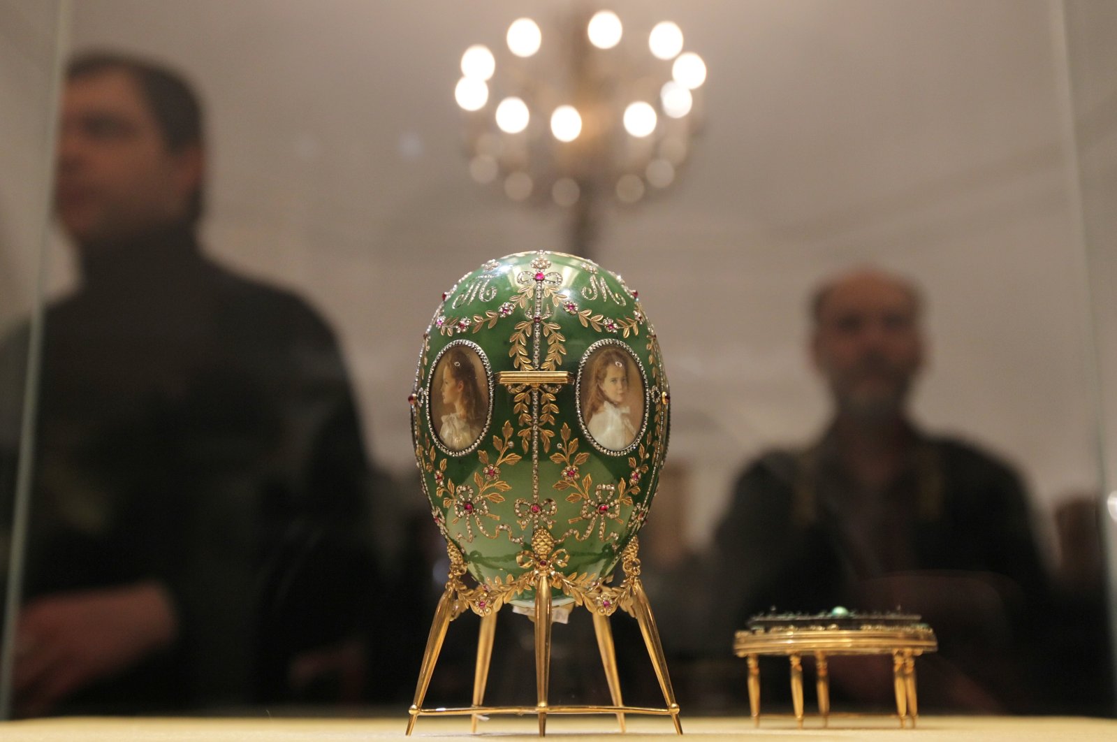 The "Alexander Palace Egg" made under the supervision of Peter Carl Faberge is displayed during the exhibition "Carl Faberge and Masters of stone carving" at the Moscow Kremlin Museums, in Moscow, Russia, April 6, 2021. (EPA Photo)