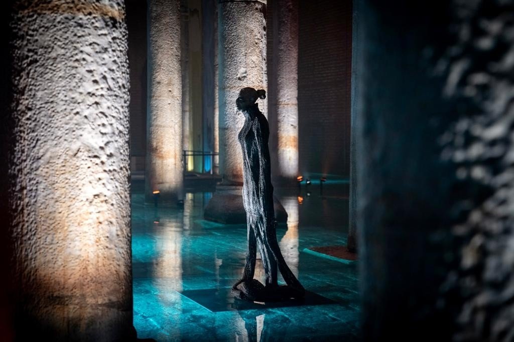 A view from the light-themed exhibition at the Basilica Cistern Museum, Istanbul, Turkey, July 22, 2022. (IHA Photo)