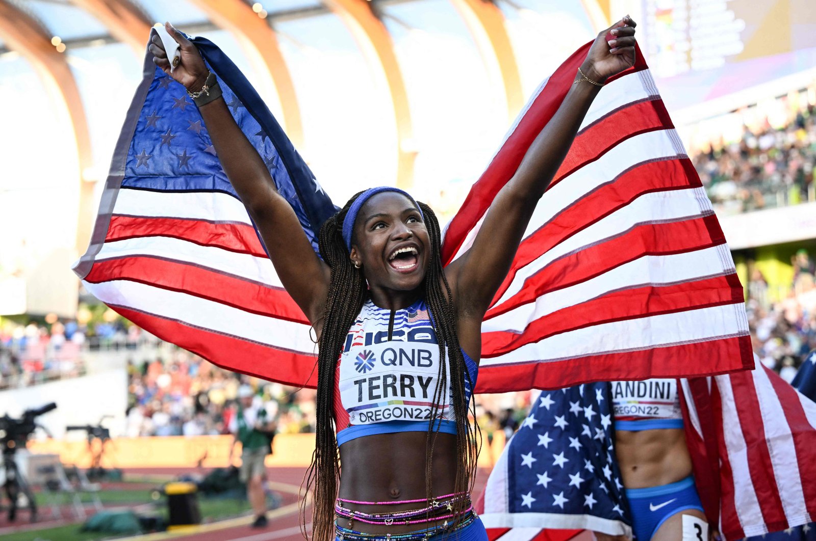 USA&#039;s Twanisha Terry celebrates winning the women&#039;s 4x100-meter relay final at the World Athletics, Eugene, U.S., July 23, 2022. (AFP Photo)