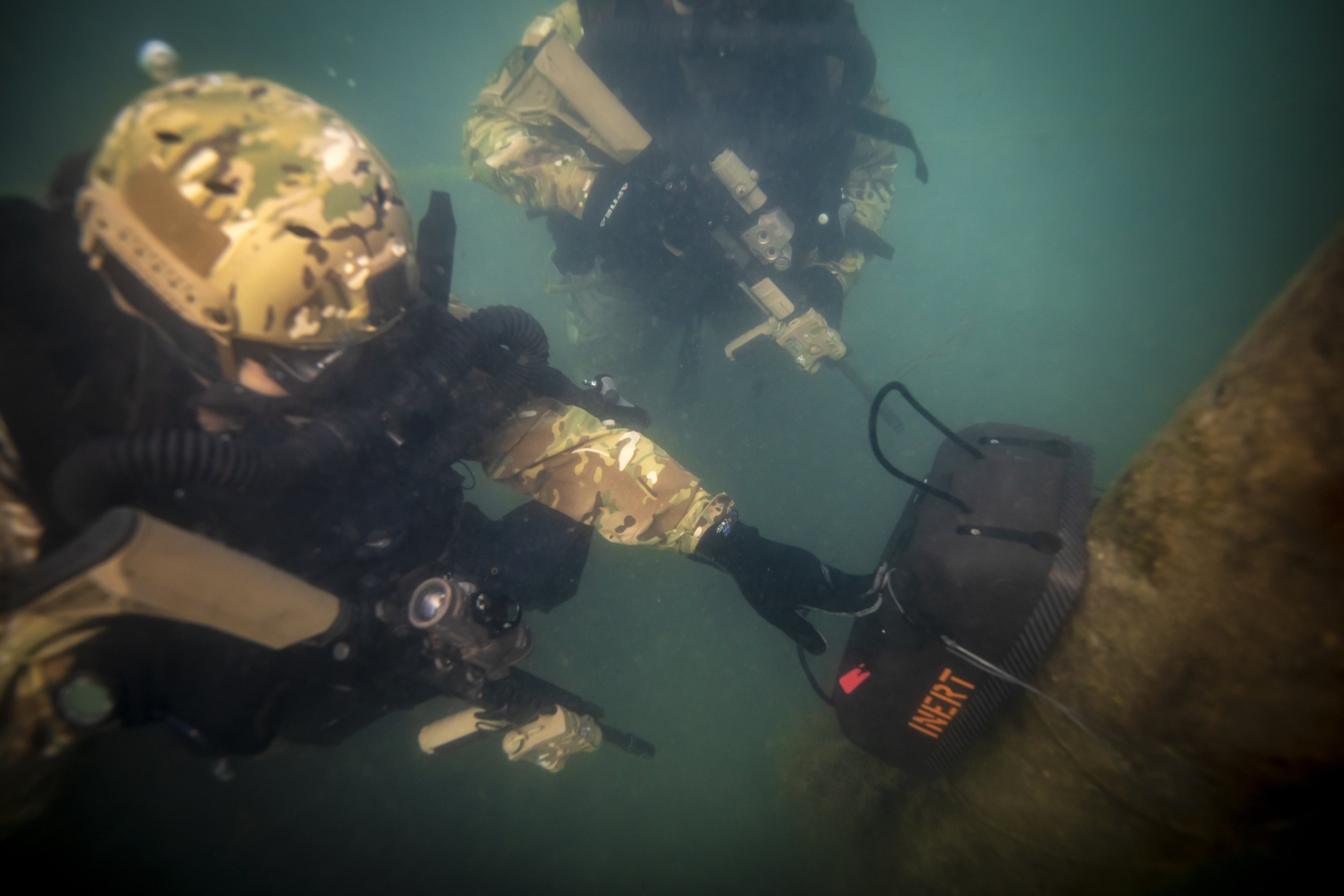 A view of SAT commandos conducting underwater training.