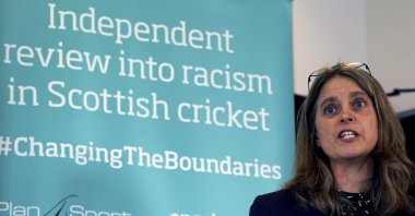 Louise Tideswell, managing director of Plan4Sport, speaks at a press conference, Stirling, Scotland, July 25, 2022. (AP Photo)