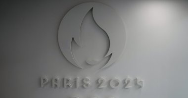 The logo of the Paris 2024 Organizing Committee is seen at the headquarters in Saint-Denis, Paris, Oct.14, 2021. (AP Photo)