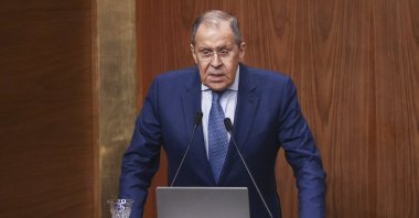 Russian Foreign Minister Sergey Lavrov addresses the Arab League organization in Cairo, Egypt, Sunday, July 24, 2022. (Russian Foreign Ministry Press Service via AP)