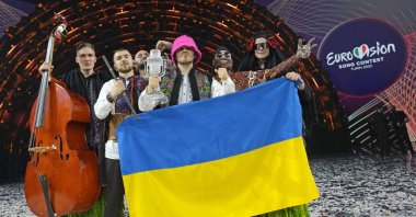 Kalush Orchestra from Ukraine celebrate after winning the Eurovision Song Contest at Palaolimpico arena, Turin, Italy, May 14, 2022. (AP Photo)
