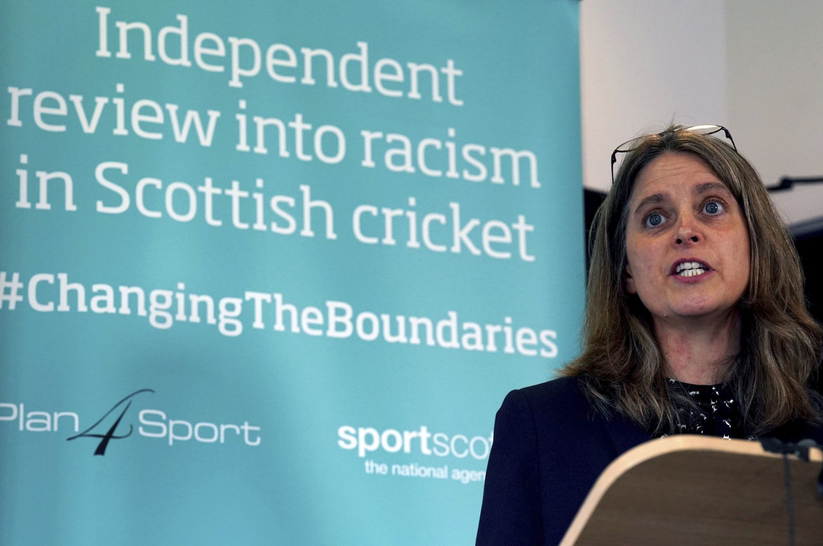 Louise Tideswell, managing director of Plan4Sport, speaks at a press conference, Stirling, Scotland, July 25, 2022. (AP Photo)