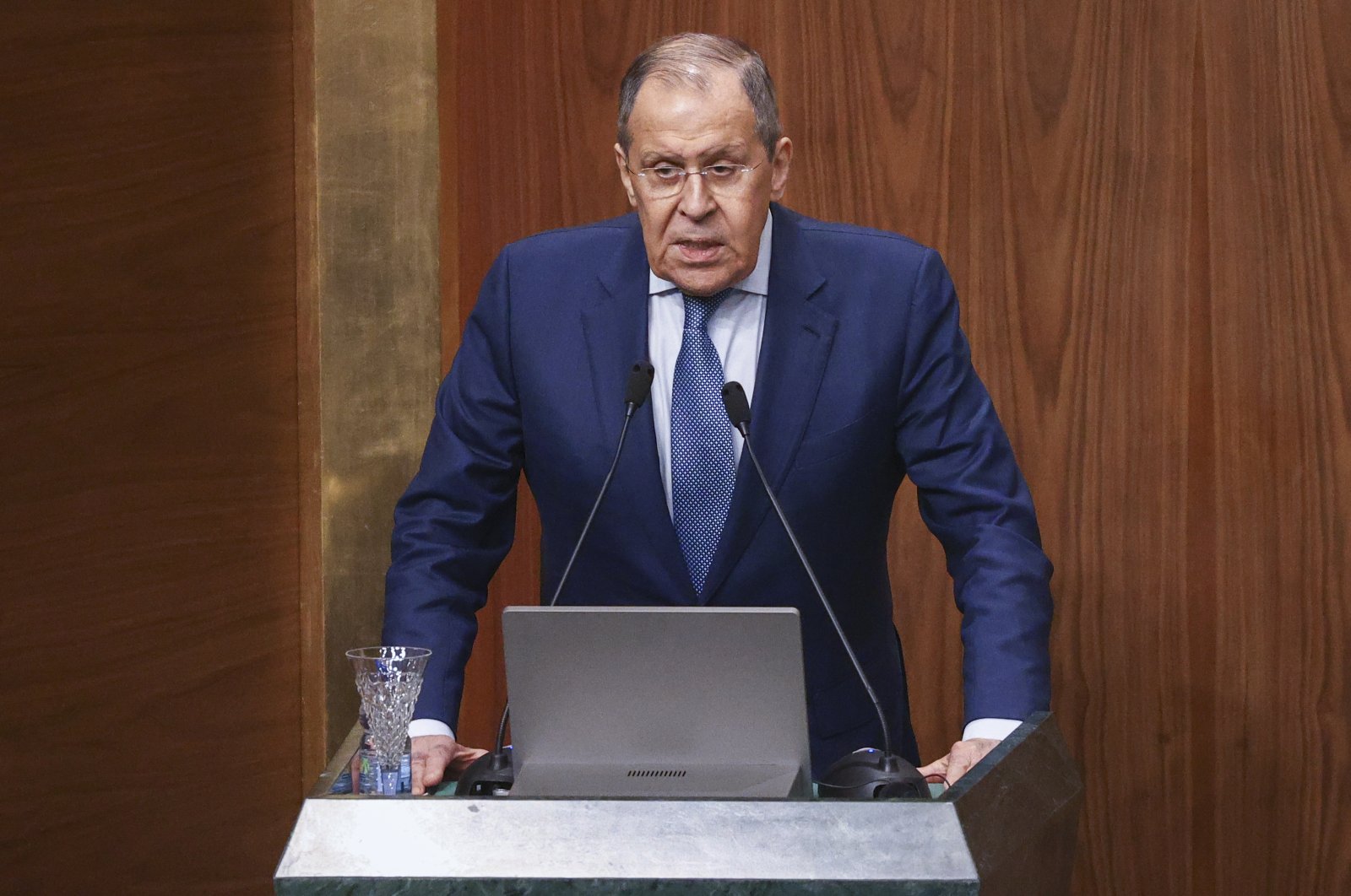 Russian Foreign Minister Sergey Lavrov addresses the Arab League organization in Cairo, Egypt, Sunday, July 24, 2022. (Russian Foreign Ministry Press Service via AP)