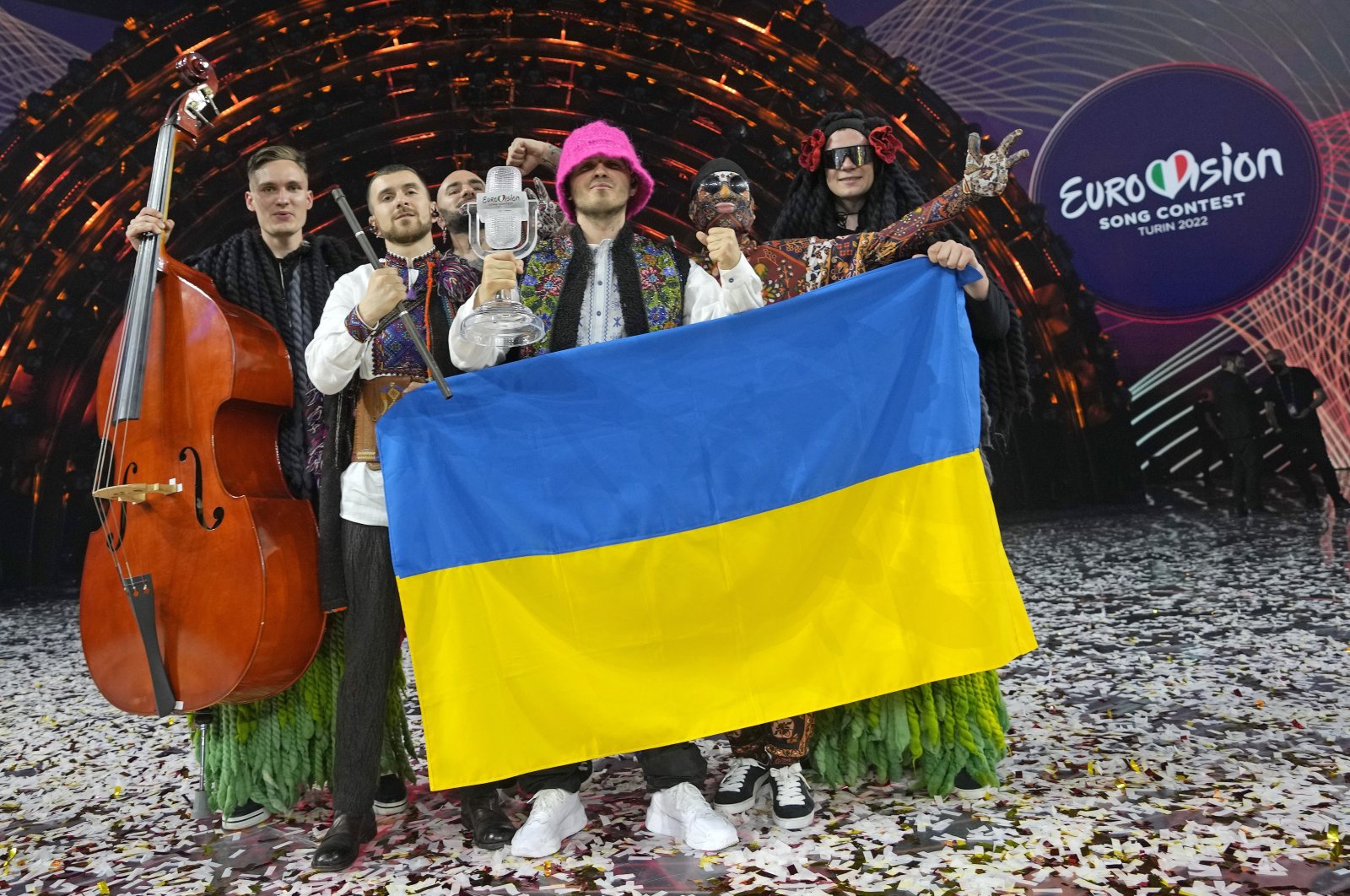 Kalush Orchestra from Ukraine celebrate after winning the Eurovision Song Contest at Palaolimpico arena, Turin, Italy, May 14, 2022. (AP Photo)