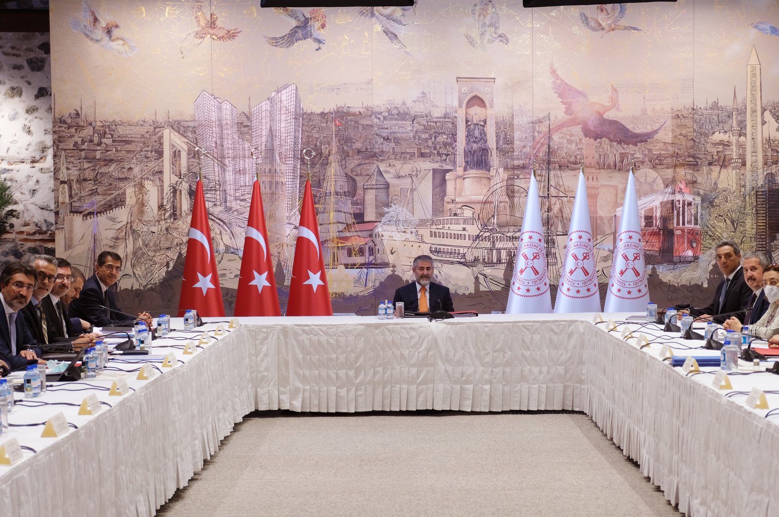 Treasury and Finance Minister Nureddin Nebati (C) chairs the Financial Stability Committee meeting in Istanbul, Turkey, July 25, 2022. (Treasury and Finance Ministry via AA)