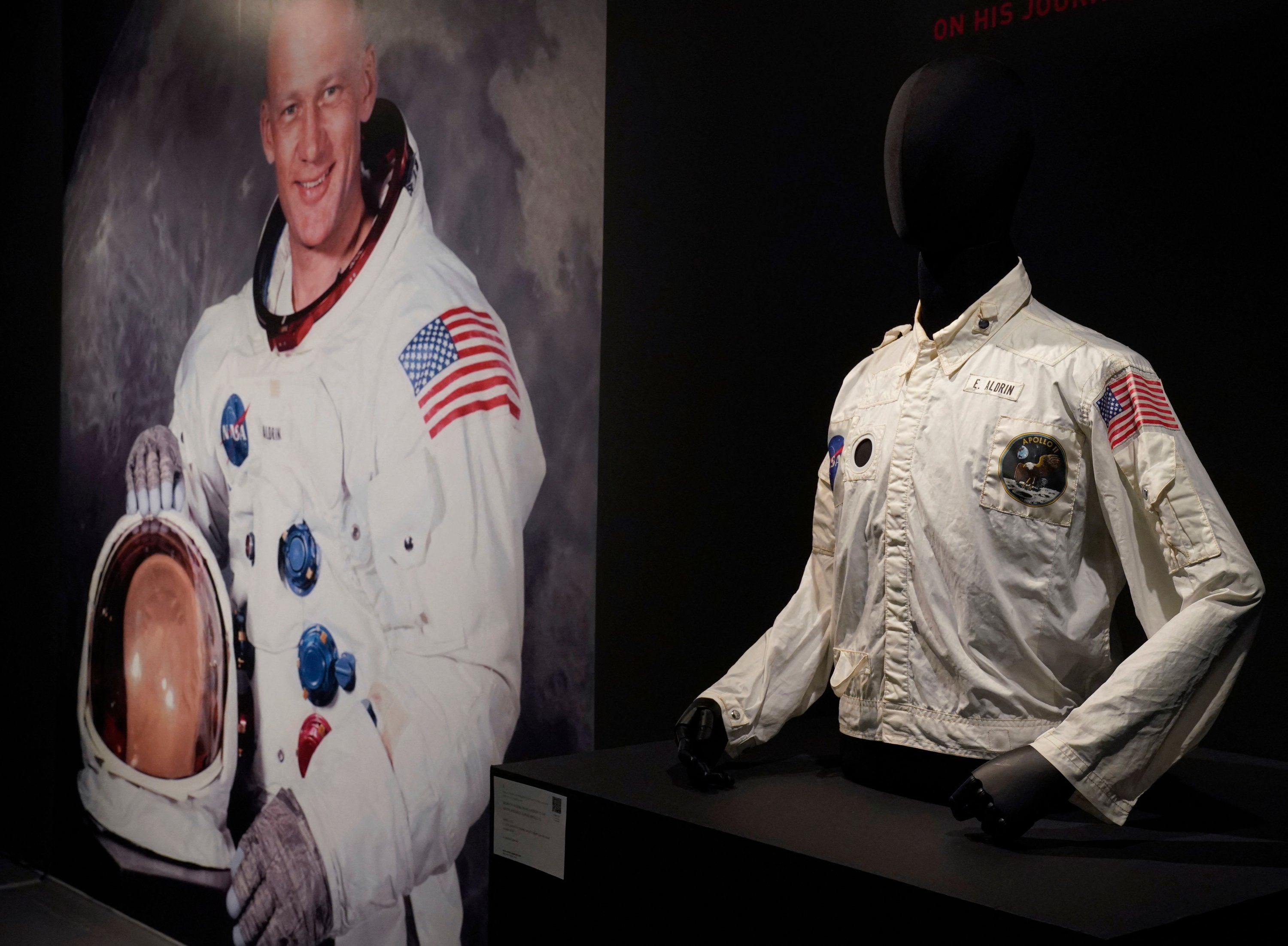 In this file photo taken on July 21, 2022, Buzz Aldrin's Inflight Coverall Jacket, worn on his Apollo 11 mission to the Moon, is displayed during a media preview at Sotheby’s in New York. (AFP) 