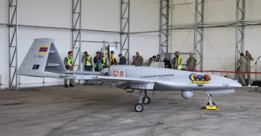 A Turkish Bayraktar TB2 combat drone is on view during a presentation at the Lithuanian Air Force Base in Siauliai, Lithuania, July 6, 2022. (AFP File Photo)