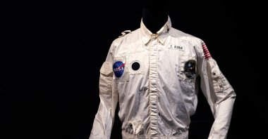 Buzz Aldrin's Inflight Coverall Jacket, worn by him on his  Apollo 11 mission to the Moon is on display July 21, 2022 during a media preview at Sotheby’s in New York. (AFP) 