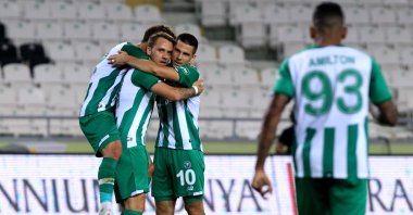 Konyaspor players celebrate a goal against BATE Borisov, Konya, Turkey, July 21, 2022. (AA Photo)