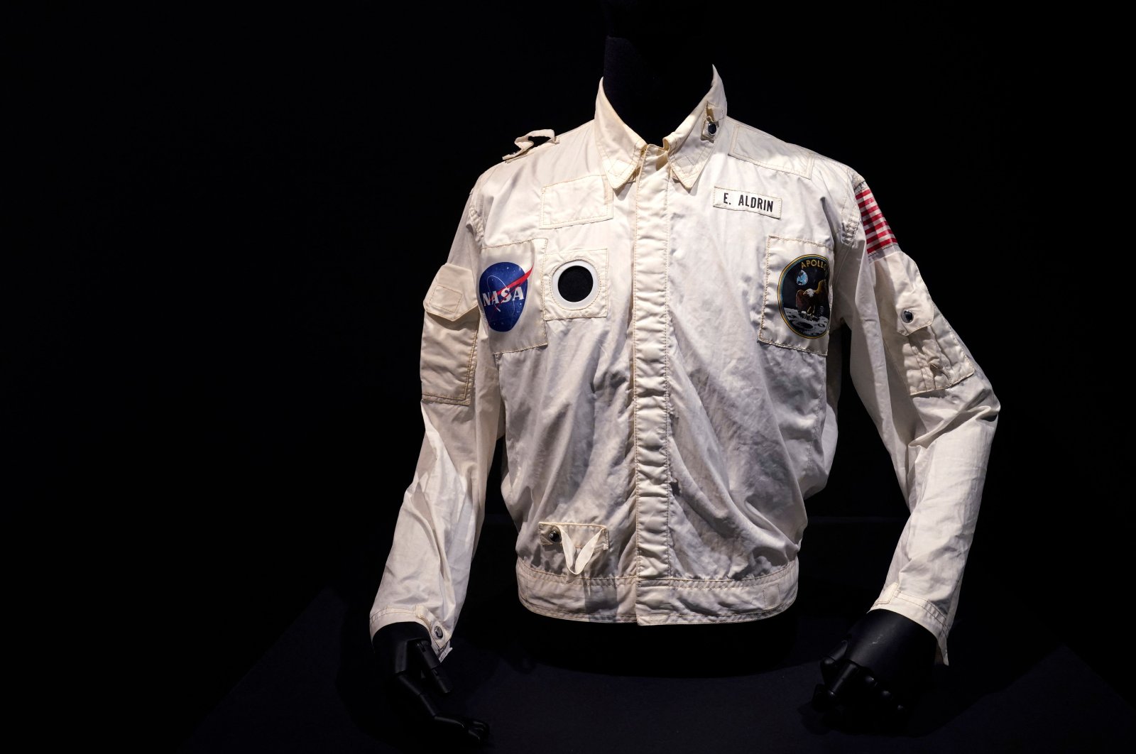 Buzz Aldrin&#039;s Inflight Coverall Jacket, worn by him on his  Apollo 11 mission to the Moon is on display July 21, 2022 during a media preview at Sotheby’s in New York. (AFP) 
