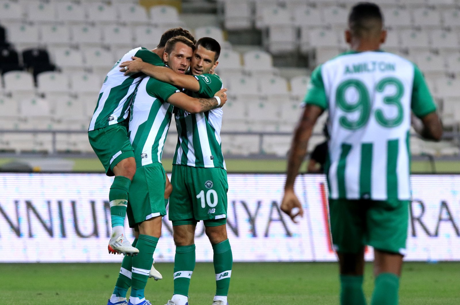 Konyaspor players celebrate a goal against BATE Borisov, Konya, Turkey, July 21, 2022. (AA Photo)