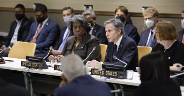 Secretary of State Antony Blinken sits with U.S. ambassador to U.N. Linda Thomas-Greenfield, as they meet with African ministers at U.N. headquarters, May 18, 2022. (AP Photo)