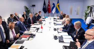 NATO Secretary-General Jens Stoltenberg, Turkish President Recep Tayyip Erdoğan, Swedish Prime Minister Magdalena Andersson and Finnish President Sauli Niinisto attend a trilateral meeting between Turkey, Finland and Sweden on the day of a NATO summit in Madrid, Spain, June 28, 2022. (REUTERS)