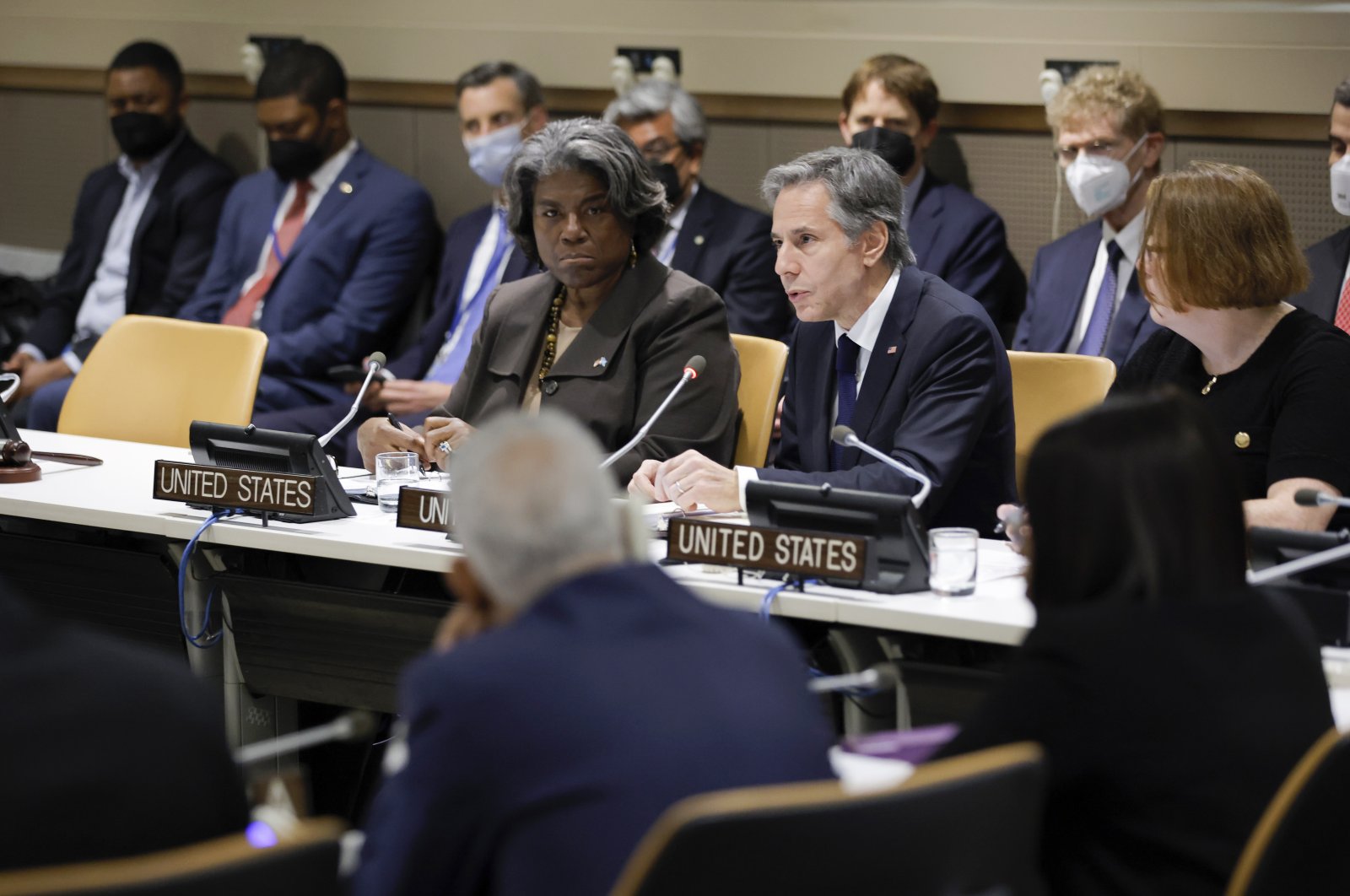 Secretary of State Antony Blinken sits with U.S. ambassador to U.N. Linda Thomas-Greenfield, as they meet with African ministers at U.N. headquarters, May 18, 2022. (AP Photo)