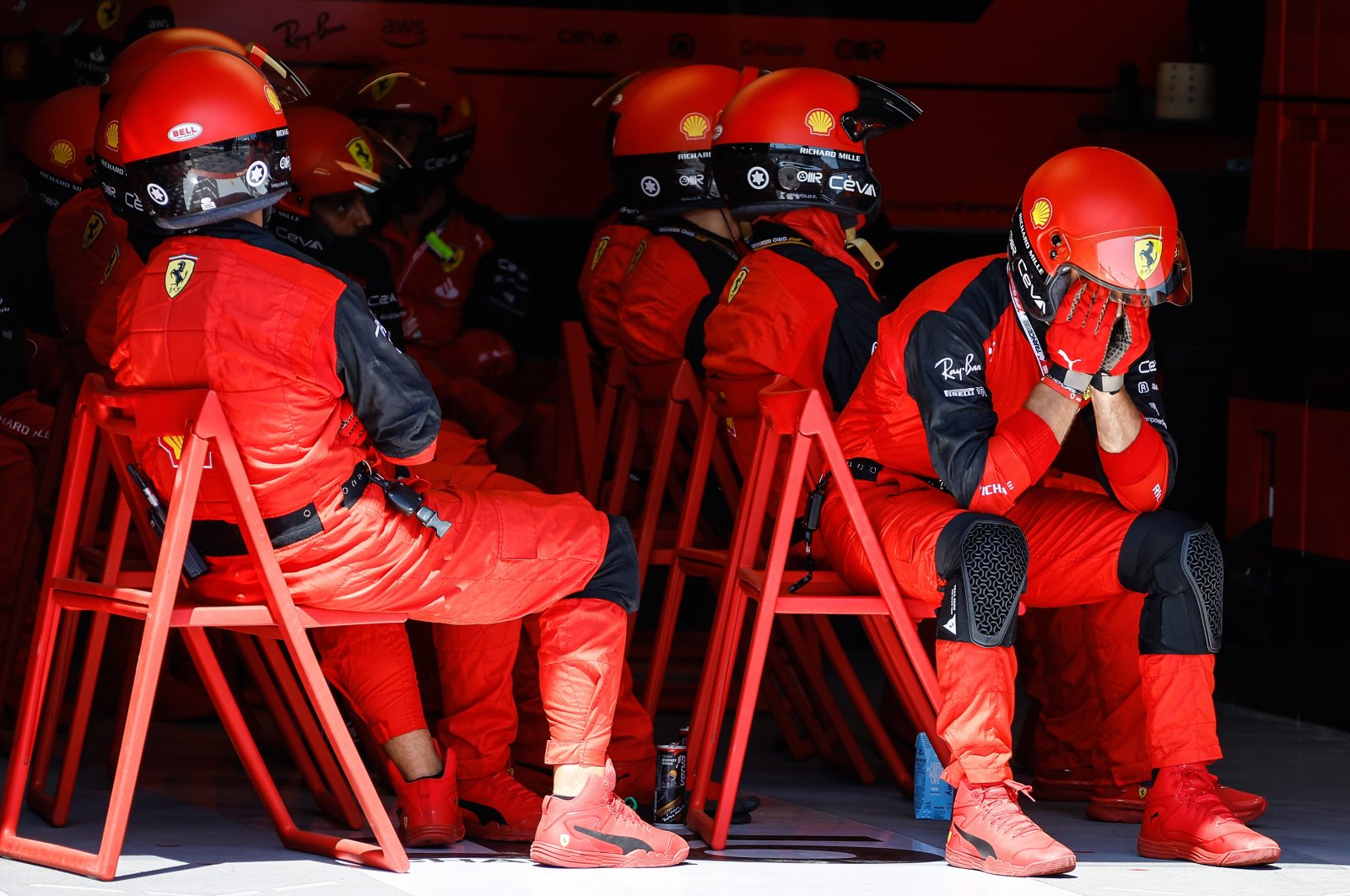 Ferrari team members react during the F1 France GP, Le Castellet, France, July 24, 2022. (EPA Photo)
