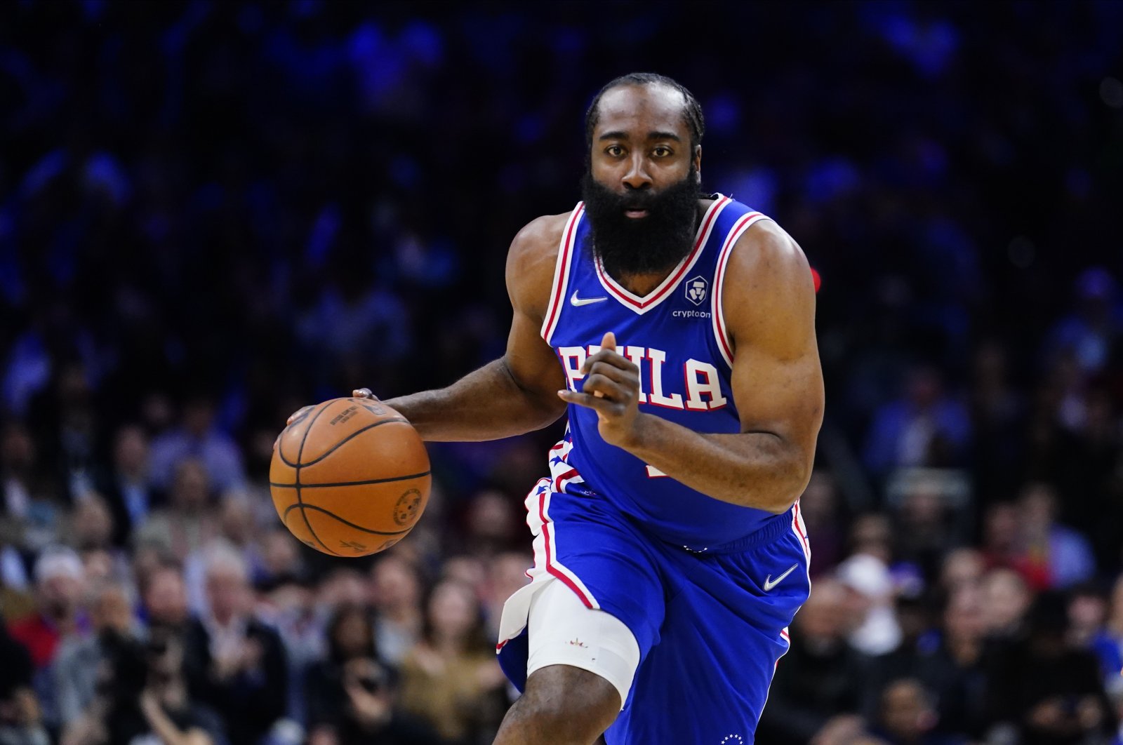 Sixers&#039; James Harden in action during an NBA game, Philadelphia, U.S., March 10, 2022. (AP Photo)