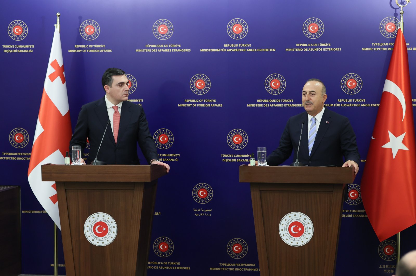 Foreign Minister Mevlüt Çavuşoğlu and his Georgian counterpart speak at a joint press conference in Istanbul, Turkey, July 28, 2022 (AA Photo) 
