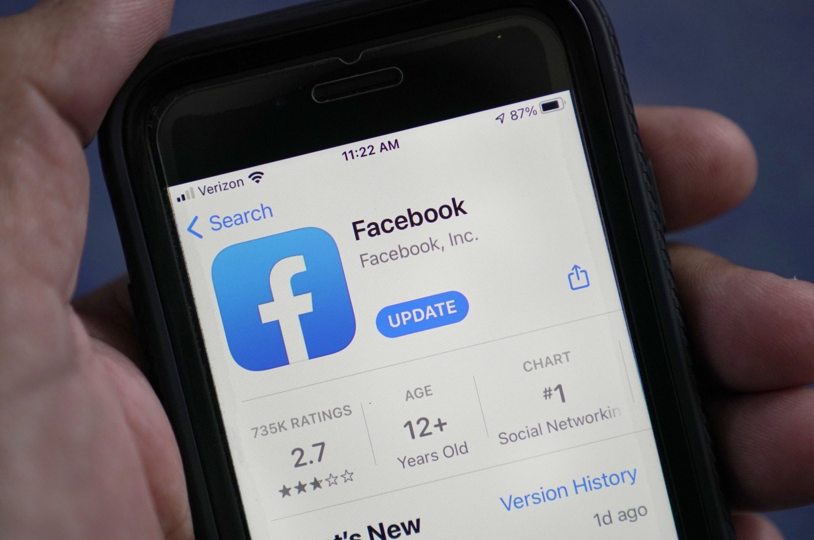 The Facebook app is shown in the app store on a smartphone in Surfside, Florida, U.S., April 23, 2021. (AP File Photo)