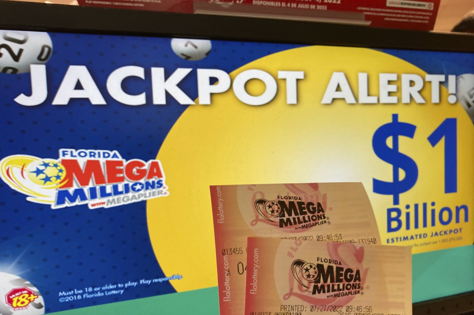 In this July 27, 2022, file photo, Mega Millions lottery tickets are shown at a lottery retailer in Surfside, Florida. A giant Mega Millions lottery jackpot ballooned to over $1 billion after no one matched all six numbers and won the top prize. (AP File Photo)