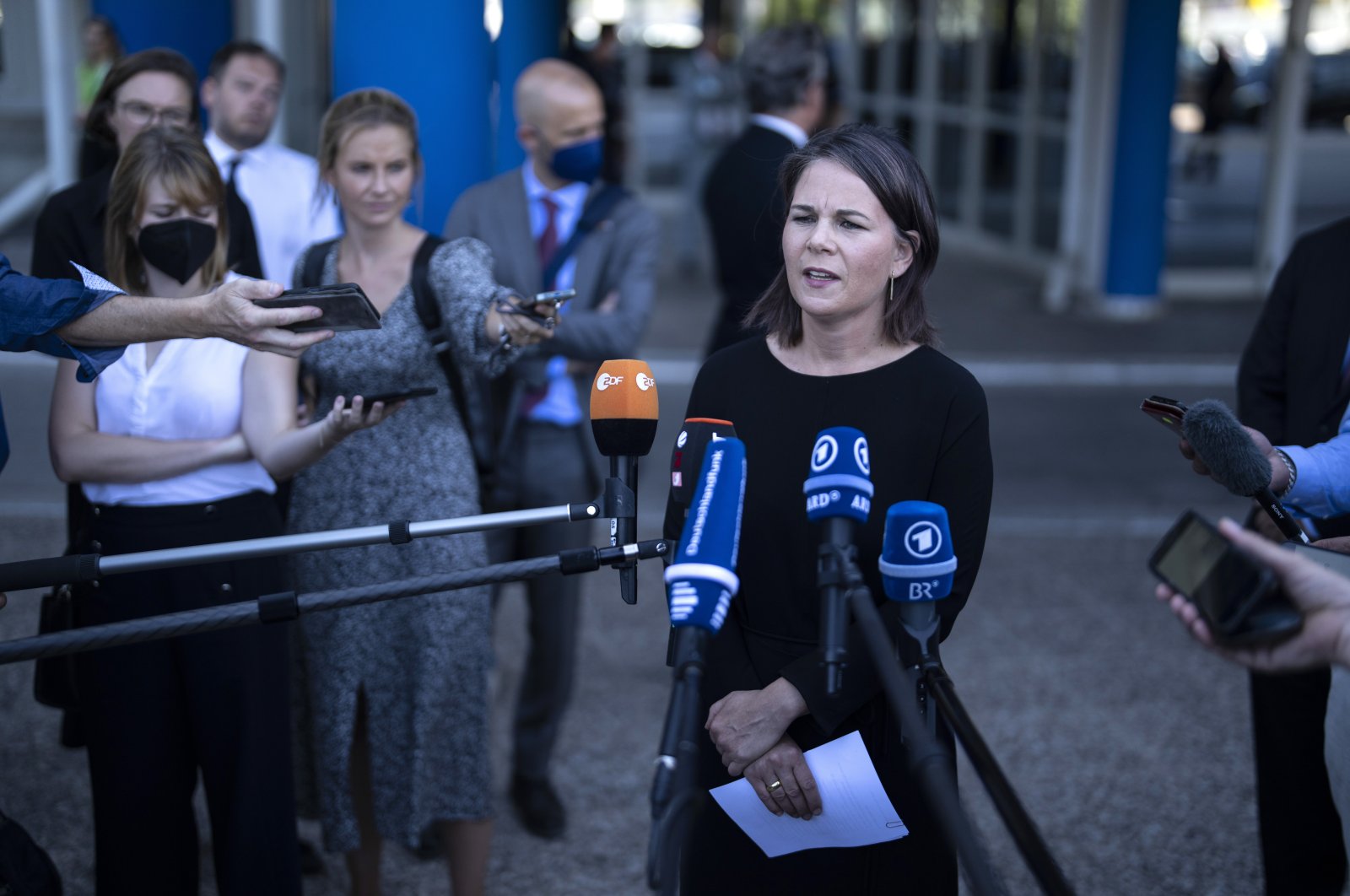 German Minister of Foreign Affairs Annalena Baerbock speaks to the press after her visit to the European border agency offices, Frontex, in the port of Piraeus, near Athens, July 28, 2022. (AP Photo)