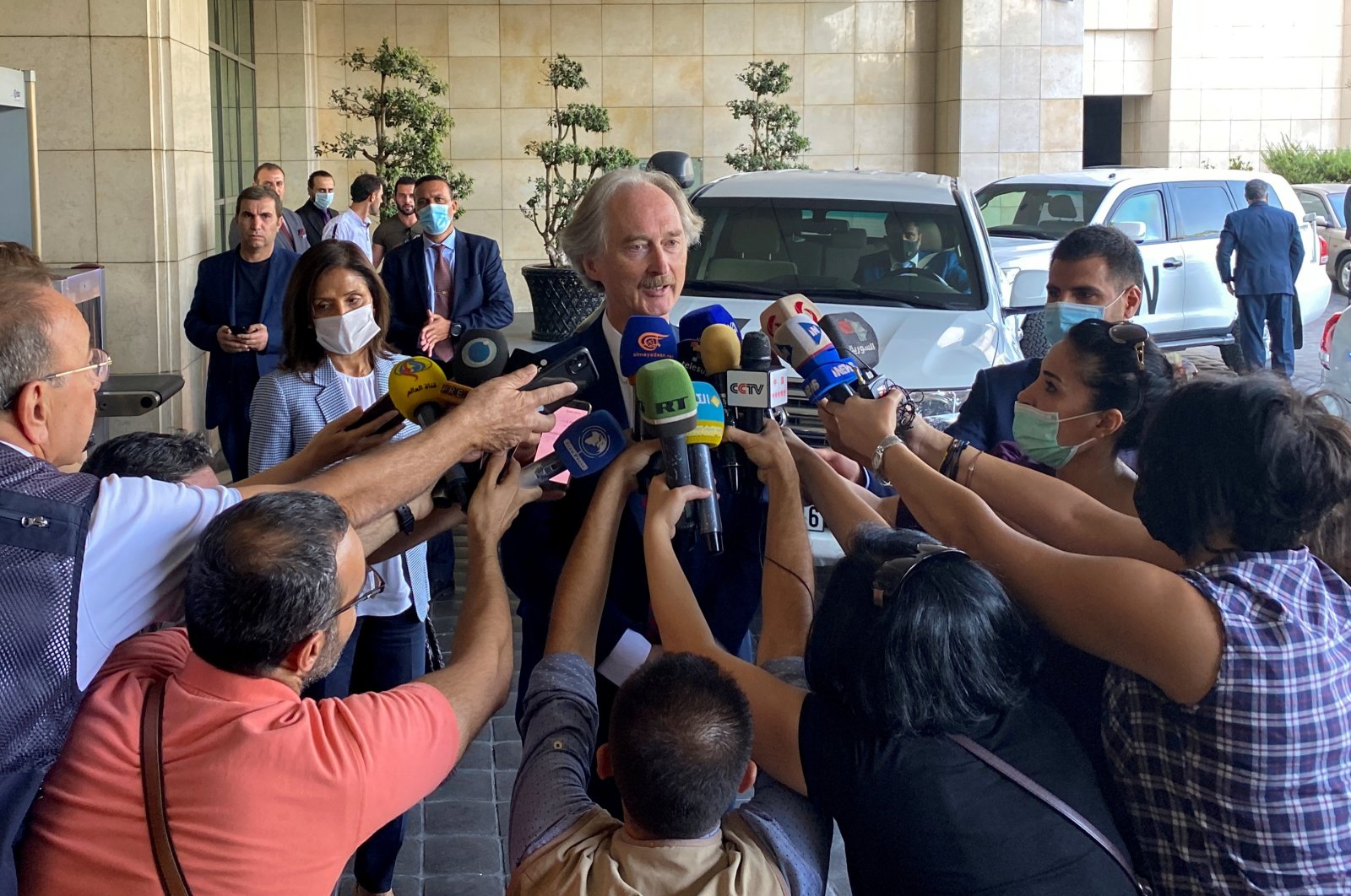United Nations Special Envoy for Syria Geir Pedersen speaks to journalists outside a hotel in Damascus, Syria Sept.11, 2021. (Reuters File Photo)