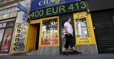 A board at a currency exchange office displays the euro to Hungarian forint exchange rate, in Budapest, Hungary, July 18, 2022. (Reuters Photo)