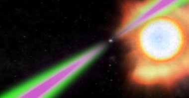 An illustration of a black widow pulsar shows a spinning neutron star periodically swinging its radio and gamma-ray beams past Earth. (NASA via Reuters)