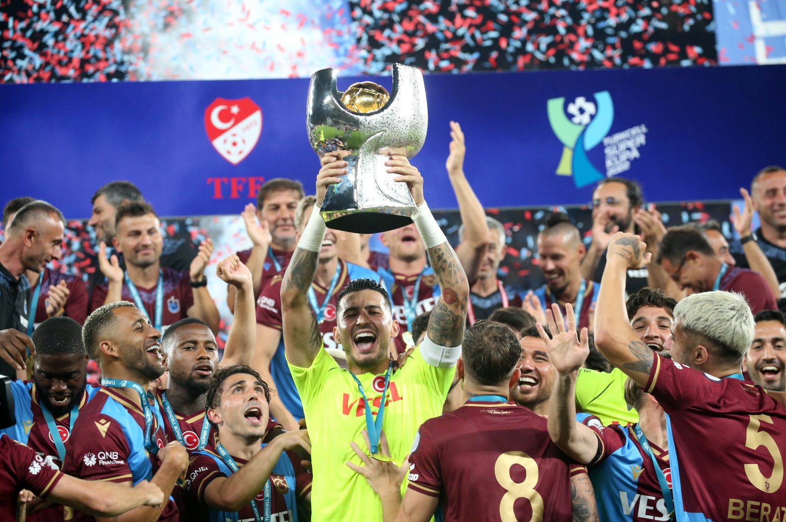 Trabzonspor players celebrate with the 2022 Turkish Super Cup, Istanbul, Turkey, July 30, 2022. (DHA Photo)