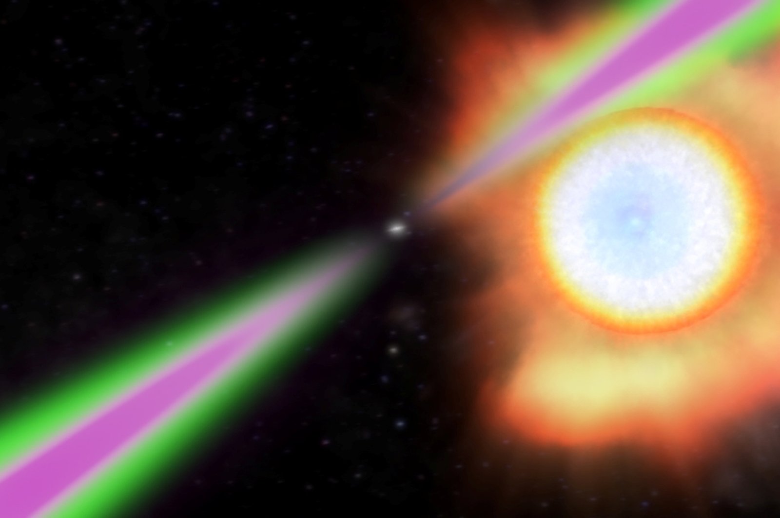 An illustration of a black widow pulsar shows a spinning neutron star periodically swinging its radio and gamma-ray beams past Earth. (NASA via Reuters)