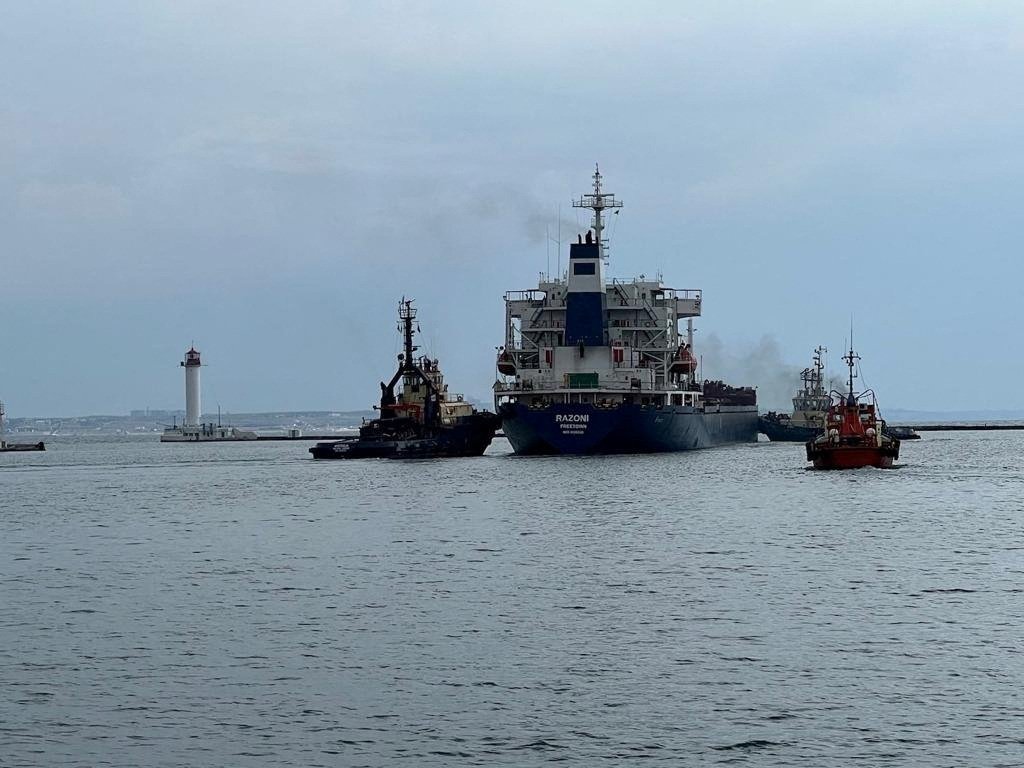 The Sierra Leone-flagged ship Razoni leaves the port in Odessa after restarting grain exports, Ukraine, Aug. 1, 2022. (Ukrainian Naval Forces Command via Reuters )