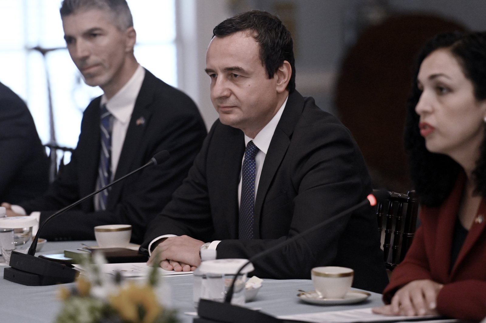 Kosovo President Vjosa Osmani Sadriu (R) and Kosovo Prime Minister Albin Kurti (2nd R) meet with Secretary of State Antony Blinken at the State Department in Washington, U.S., July 26, 2022. (AP Photo)