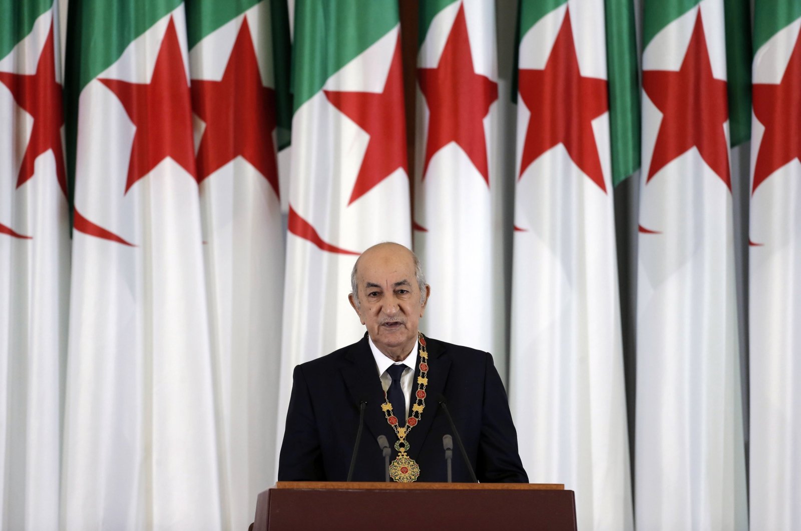 Algerian President Abdelmadjid Tebboune delivers a speech during an inauguration ceremony in the presidential palace, Algiers, Algeria, Thursday, Dec. 19, 2019. (AP File Photo)