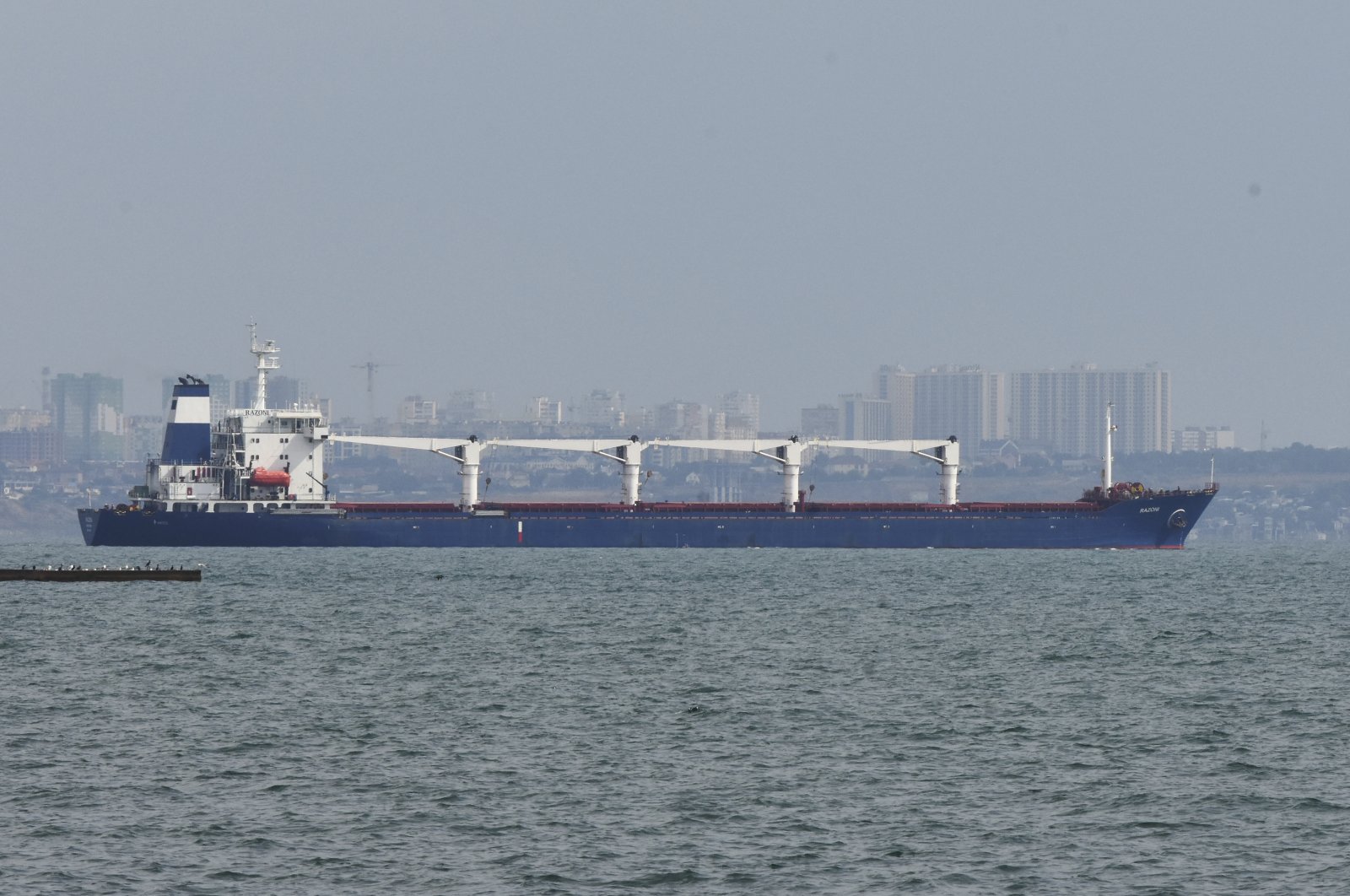 The bulk carrier Razoni starts its way from the port of Odessa, Ukraine, Aug. 1, 2022. (AP Photo)